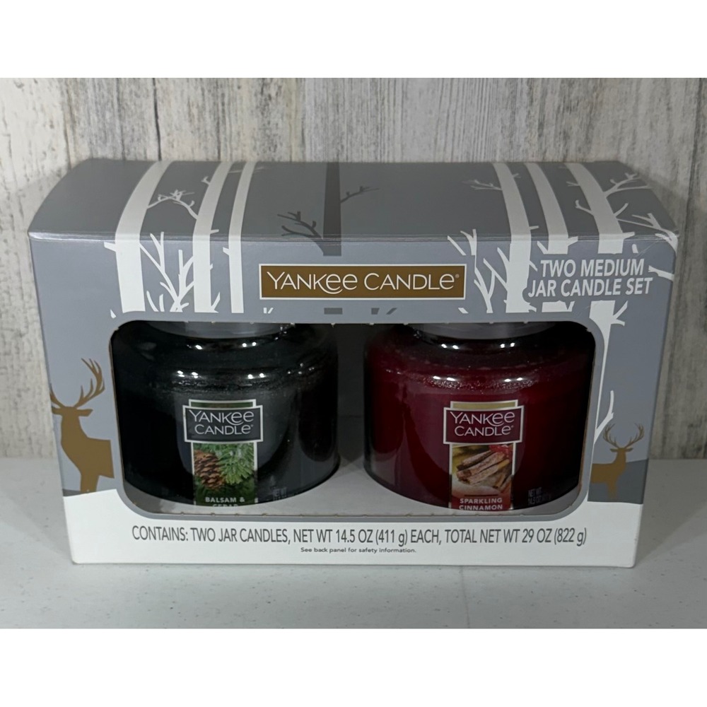 Yankee Candle 2 Medium Jar Gift Set 14.5oz Balsam & Cedar Sparkling Cinnamon NIB